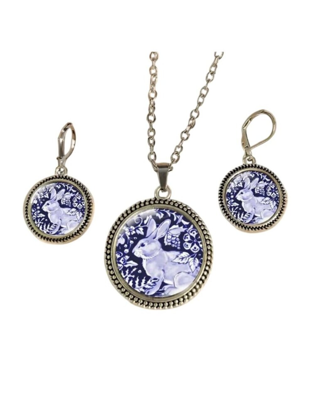 Blue & White Easter Bunny Rabbit Dangle Earrings & Necklace Set Silver Tone
